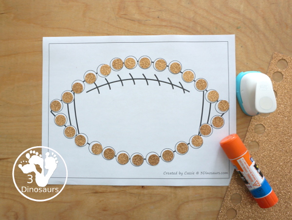 Free Football Fine Motor Dot Marker Printables -  with four pages of printables with a football template to color, a football to trace and a dot marker football, all great for football fine motor centers. -3Dinosaurs.com