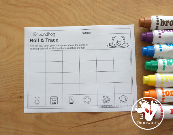 Groundhog Roll & Graph With Trace Letters, Numbers & Shapes with a folding die and cube die with a graphing sheet, graphing with tracing numbers, graphing with tracing letters and graphing with tracing shapes. All with a fun Groundhog theme for Groundhog Day for prek and kindergarten - 3Dinosaurs.com