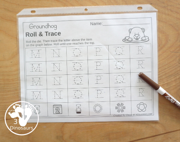 Groundhog Roll & Graph With Trace Letters, Numbers & Shapes with a folding die and cube die with a graphing sheet, graphing with tracing numbers, graphing with tracing letters and graphing with tracing shapes. All with a fun Groundhog theme for Groundhog Day for prek and kindergarten - 3Dinosaurs.com