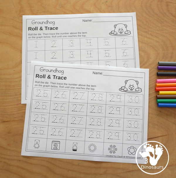 Groundhog Roll & Graph With Trace Letters, Numbers & Shapes with a folding die and cube die with a graphing sheet, graphing with tracing numbers, graphing with tracing letters and graphing with tracing shapes. All with a fun Groundhog theme for Groundhog Day for prek and kindergarten - 3Dinosaurs.com