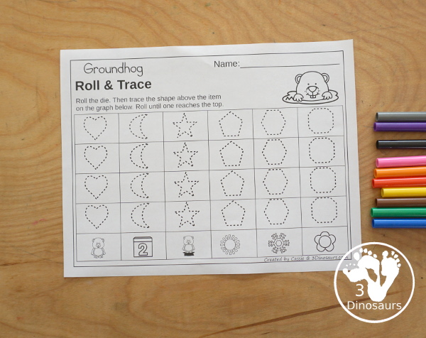 Groundhog Roll & Graph With Trace Letters, Numbers & Shapes with a folding die and cube die with a graphing sheet, graphing with tracing numbers, graphing with tracing letters and graphing with tracing shapes. All with a fun Groundhog theme for Groundhog Day for prek and kindergarten - 3Dinosaurs.com