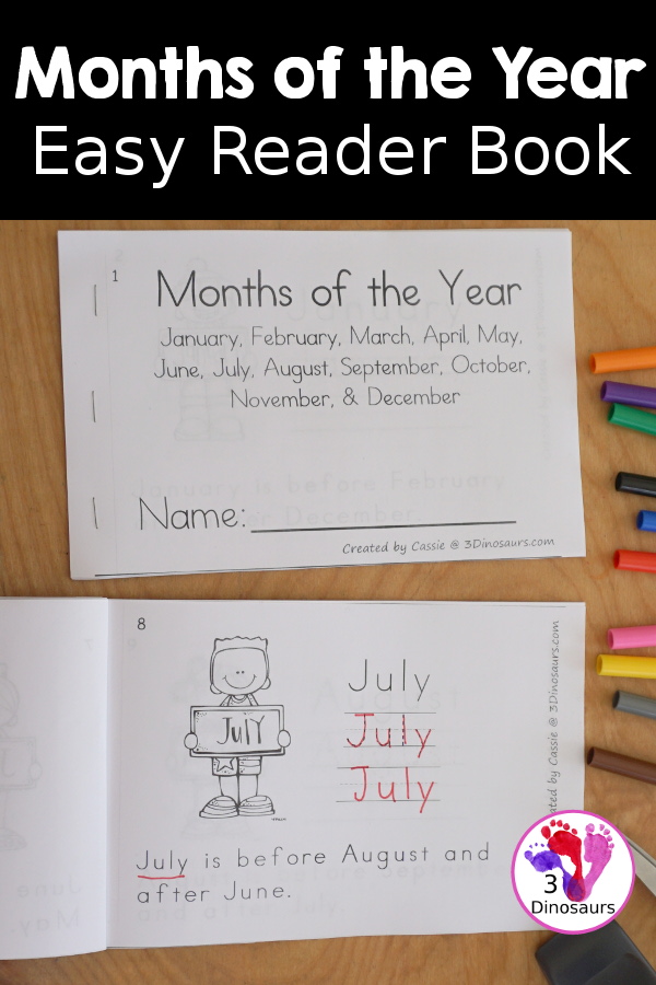 Free Months of the Year Easy Reader Book - a great 8 page book with a sentence to read about the months of the year with reading the words, tracing the word and writing the word. - 3Dinosaurs.com