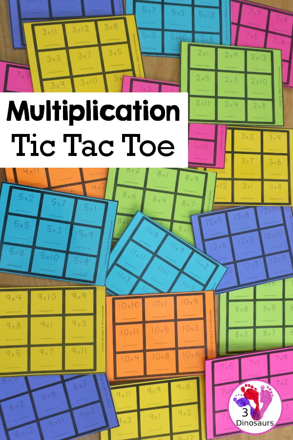 Free Multiplication Tic Tac Toe Printable - with four games boards for multiplication 1 to 12 - with 3 x 3 games for solving the equation games for kids to work on multiplication math facts - 3Dinosaurs.com