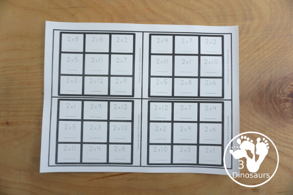 Free Multiplication Tic Tac Toe Printable - with four games boards for multiplication 1 to 12 - with 3 x 3 games for solving the equation games for kids to work on multiplication math facts - 3Dinosaurs.com