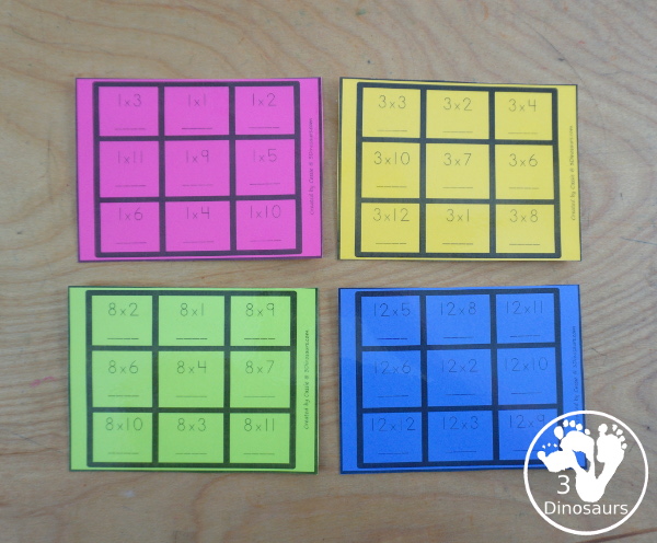 Free Multiplication Tic Tac Toe Printable - with four games boards for multiplication 1 to 12 - with 3 x 3 games for solving the equation games for kids to work on multiplication math facts - 3Dinosaurs.com