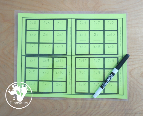 Free Multiplication Tic Tac Toe Printable - with four games boards for multiplication 1 to 12 - with 3 x 3 games for solving the equation games for kids to work on multiplication math facts - 3Dinosaurs.com