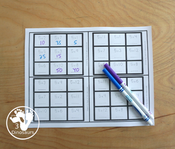 Free Multiplication Tic Tac Toe Printable - with four games boards for multiplication 1 to 12 - with 3 x 3 games for solving the equation games for kids to work on multiplication math facts - 3Dinosaurs.com