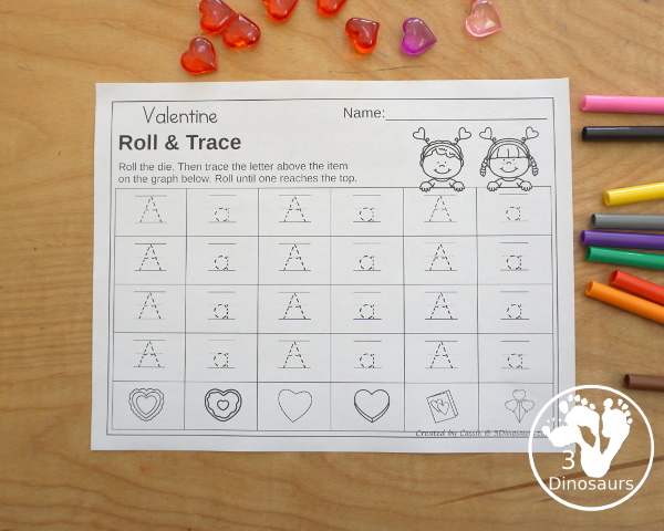 Valentine Roll & Graph With Trace Letters, Numbers & Shapes with a folding die and cube die with a graphing sheet, graphing with tracing numbers, graphing with tracing letters and graphing with tracing shapes. All with a fun heart theme for Valentine for prek and kindergarten - 3Dinosaurs.com