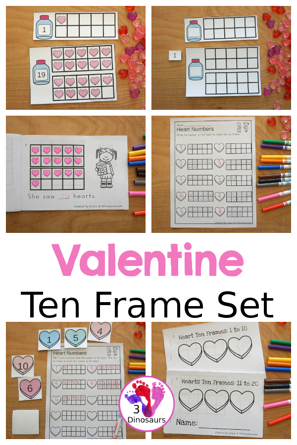 Valentine Ten Frame Printables for Prek and Kindergarten - with numbers 1 to 20 with heart ten frame cards, heart ten frame easy reader books, and heart ten frame worksheets - 3Dinosaurs.com