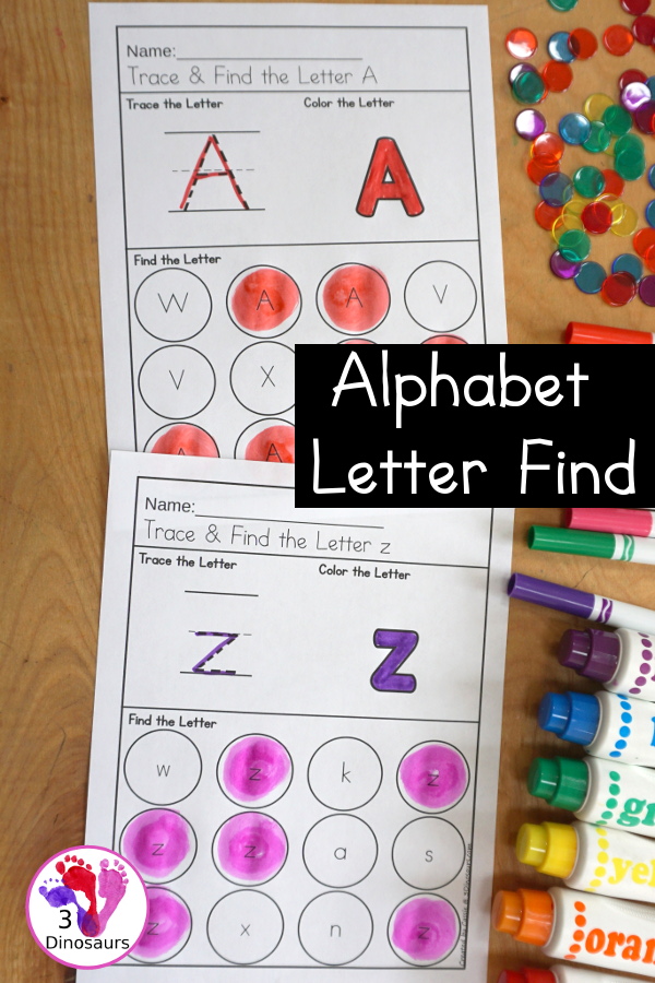 Free ABC Letter Find With Tracing & Coloring – 3 Dinosaurs