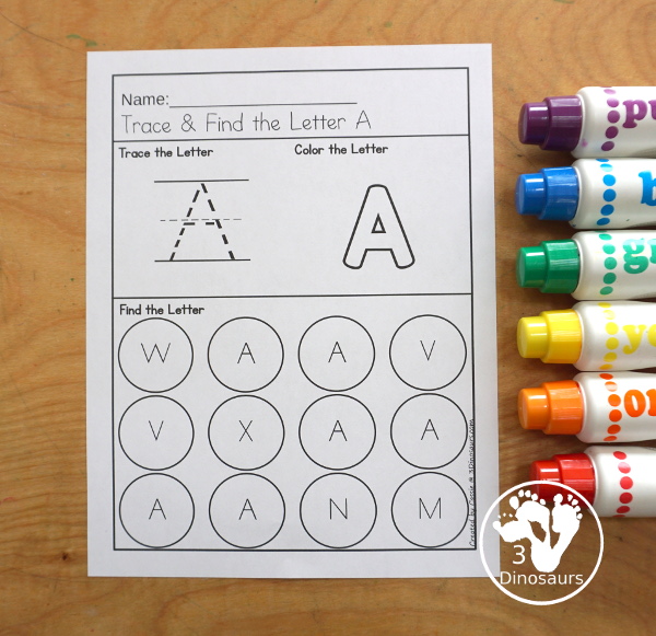 Free ABC Letter Find With Tracing & Coloring – 3 Dinosaurs