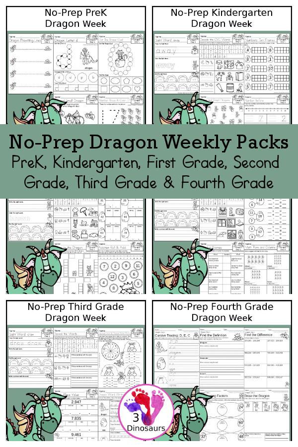 No-Prep Dragon Weekly Packs PreK, Kindergarten, First Grade, Second Grade, Third Grade & Fourth Grade with 5 days of activities to do for each grade level With loads of different dragon themes - You will find a mix of math, language, and more - These are easy to use packs for all year learning, homework, and morning work. Easy no-prep printables for kids with four pages for each day - 3Dinosaurs.com