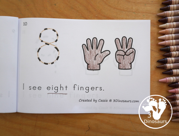 Free Hand Counting Book - 0 to 10 - a fun 12-page counting book with numbers 0 to 10 with counting fingers on each page. You have a number to trace and a simple sentence on each page to read. - 3Dinosaurs.com