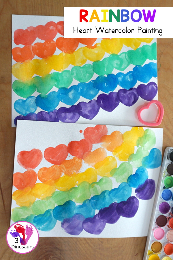 Rainbow Heart Watercolor Painting - a fun heart shape cookie cutter painting you can do with kids. - 3Dinosaurs.com