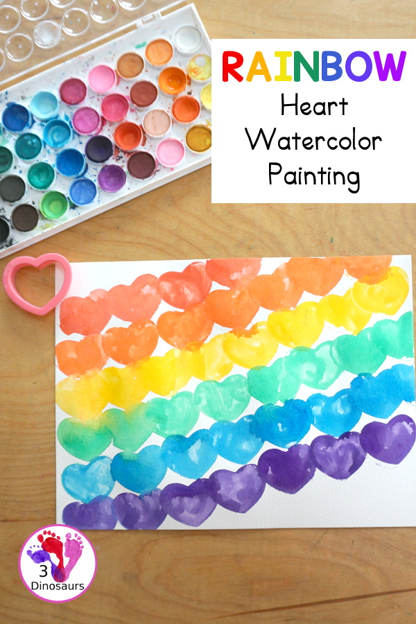 Rainbow Heart Watercolor Painting - a fun heart shape cookie cutter painting you can do with kids. - 3Dinosaurs.com