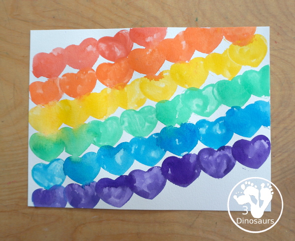 Rainbow Heart Watercolor Painting - a fun heart shape cookie cutter painting you can do with kids. - 3Dinosaurs.com