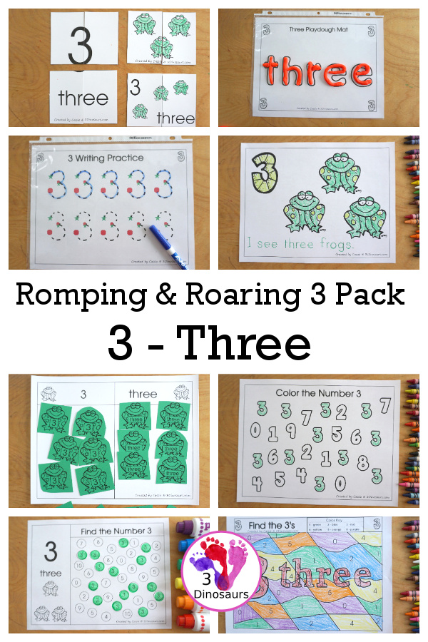 Free Romping and Roaring Number 3 Pack - with number 3 worksheets, number 3 puzzles, number 3 handwriting, number 3 dot marker worksheets and more for PreK and kindergarten age kids with a frog theme.  - 3Dinosaurs.com