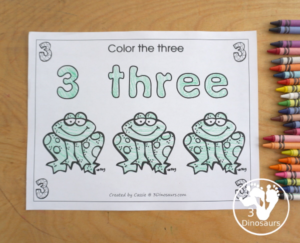 Free Romping and Roaring Number 3 Pack - with number 3 worksheets, number 3 puzzles, number 3 handwriting, number 3 dot marker worksheets and more for PreK and kindergarten age kids with a frog theme.  - 3Dinosaurs.com