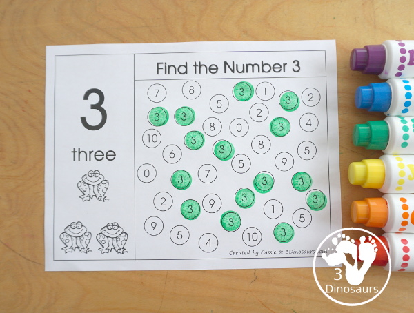 Free Romping and Roaring Number 3 Pack - with number 3 worksheets, number 3 puzzles, number 3 handwriting, number 3 dot marker worksheets and more for PreK and kindergarten age kids with a frog theme.  - 3Dinosaurs.com