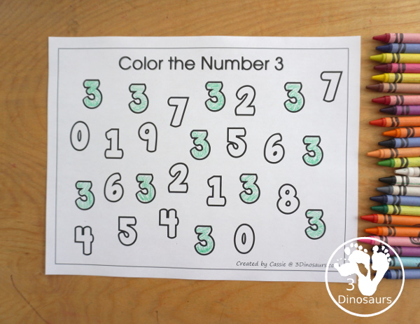 Free Romping and Roaring Number 3 Pack - with number 3 worksheets, number 3 puzzles, number 3 handwriting, number 3 dot marker worksheets and more for PreK and kindergarten age kids with a frog theme.  - 3Dinosaurs.com