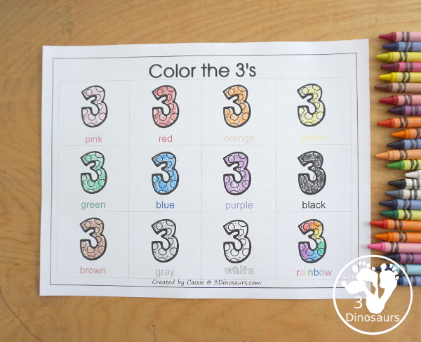 Free Romping and Roaring Number 3 Pack - with number 3 worksheets, number 3 puzzles, number 3 handwriting, number 3 dot marker worksheets and more for PreK and kindergarten age kids with a frog theme.  - 3Dinosaurs.com