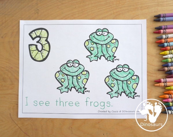 Free Romping and Roaring Number 3 Pack - with number 3 worksheets, number 3 puzzles, number 3 handwriting, number 3 dot marker worksheets and more for PreK and kindergarten age kids with a frog theme.  - 3Dinosaurs.com