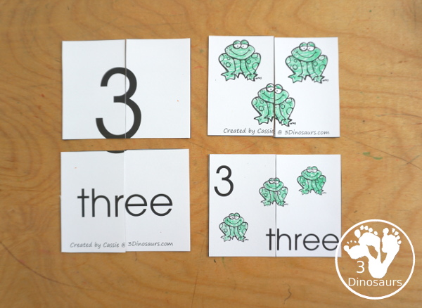 Free Romping and Roaring Number 3 Pack - with number 3 worksheets, number 3 puzzles, number 3 handwriting, number 3 dot marker worksheets and more for PreK and kindergarten age kids with a frog theme.  - 3Dinosaurs.com