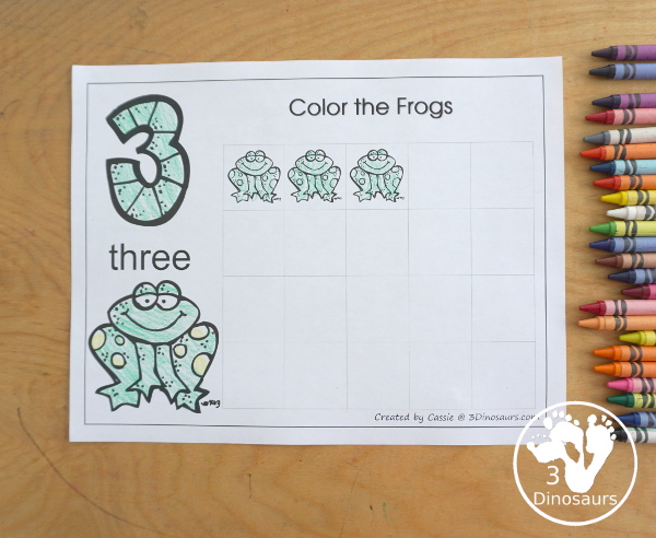 Free Romping and Roaring Number 3 Pack - with number 3 worksheets, number 3 puzzles, number 3 handwriting, number 3 dot marker worksheets and more for PreK and kindergarten age kids with a frog theme.  - 3Dinosaurs.com