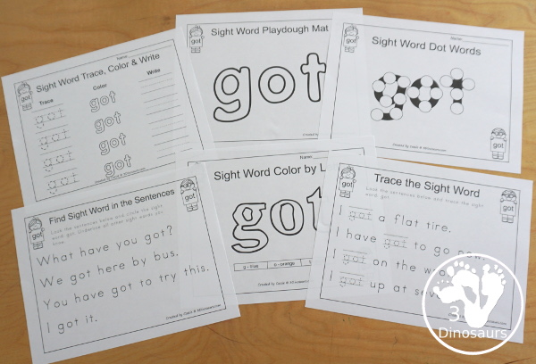 Free Romping & Roaring Third Grade Sight Words Packs Set 4: Full, Got, Grow, Hold - 6 pages of activities for each third Grade sight words: full, got, grow, hold. These are great for easy to use learning centers - 3Dinosaurs.com