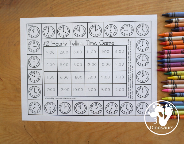 Free Hourly Telling Time Game Printables – 3 Dinosaurs