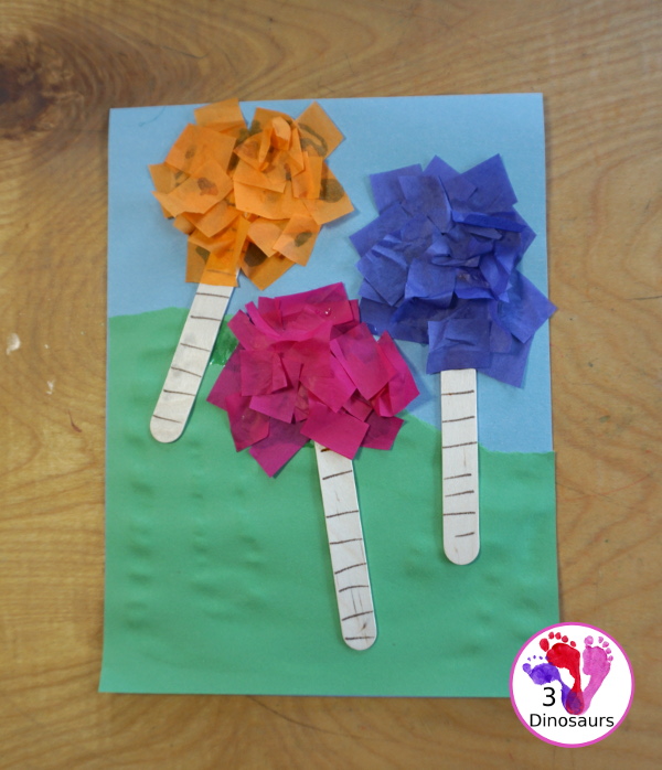 Tissue Paper Truffula Tree Craft you can make to go with the book the Lorax. It is simple for kids of different ages to make for a Dr Seuss Craft. - 3Dinosaurs.com