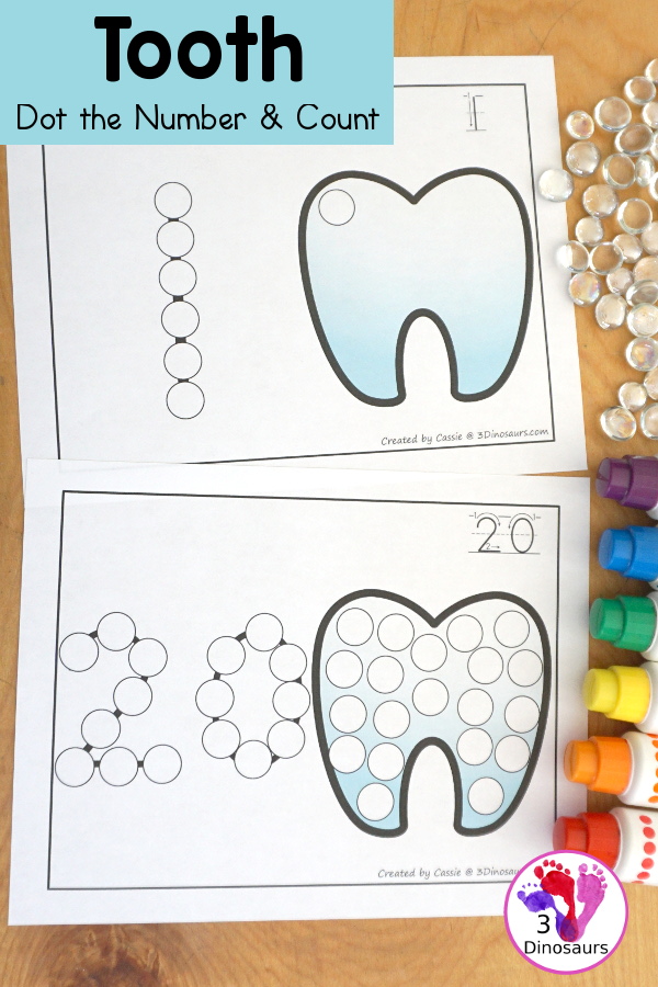 Tooth Dot the Number & Counting: dot marker number on each page with matching dots on the tooth - Numbers 1 to 20 - 3Dinosaurs.com