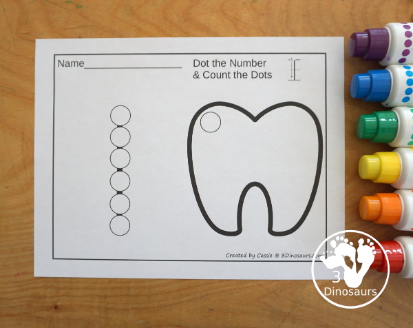 Tooth Dot the Number & Counting: dot marker number on each page with matching dots on the tooth - Numbers 1 to 20 - 3Dinosaurs.com