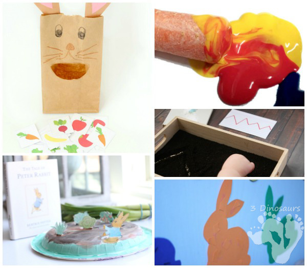 13 Peter Rabbit Activities - Virtual Book Club Activities - abc, numbers, science, cooking, sensory, color, and fine motor - 3Dinosaurs.com
