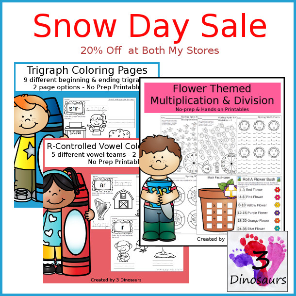 Fun Snow Day Sale - 20% off all products in my store - 3Dinosaurs.com