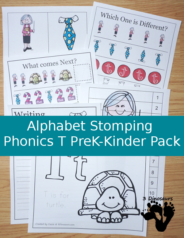 Free Alphabet Stomping Phonics T Prek-Kinder Pack - 30 pages of printables - 3Dinosaurs.com