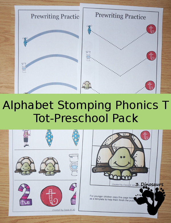 Free Alphabet Stomping Phonics T Tot-Preschool Pack - 20 pages of printables - 3Dinosaurs.com