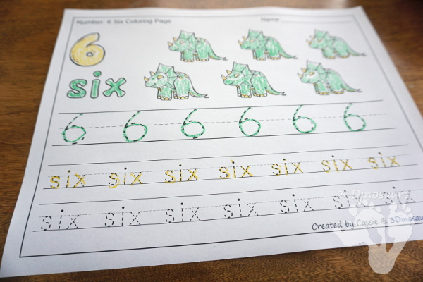 Dinosaur Number COlor and trace has counting and coloring dinosaurs with tracing of number word and number digit. - 3Dinosaurs.com