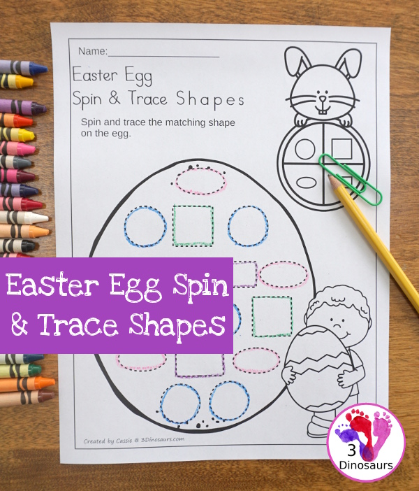 Free Easter Egg Spin and Trace Shapes - 2 pages of printables with 8 different shapes - 3Dinosaurs.com #noprep #easterprintablesforkids #printablesforkids