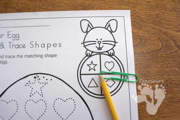 Free Easter Egg Spin and Trace Shapes - 2 pages of printables with 8 different shapes - 3Dinosaurs.com #noprep #easterprintablesforkids #printablesforkids