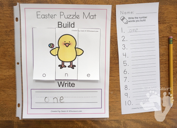 Free Hands-On Learning With Easter Themed Number Word Puzzles - numbers 0 to 10 word puzzles for kids to do hands-on spelling - 3Dinosaurs.com #handsonlearning #easterprintablesforkids #printablesforkids