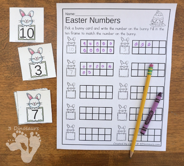 Easter Ten Frame Activities: No-Prep & Hands-On - 77 pages of printables working on ten frame activities for numbers 1 to 20 with hands-on and no-prep: cards, worksheets and easy reader books - 3Dinosaurs.com #handsonmath #teacherspayteachers #tenframe #easterprintablesforkids #printablesforkids