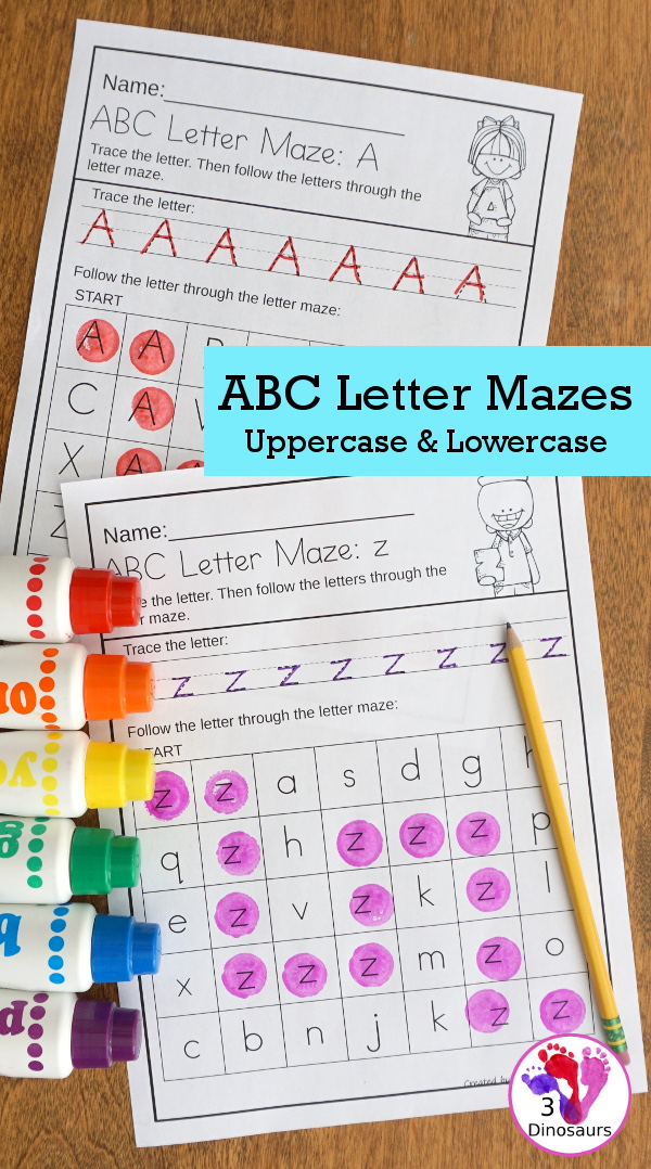 No-Prep ABC Letter Mazes - uppercase and lowercase options with tracing of the letter with a matching letter maze - 3Dinosaurs.com