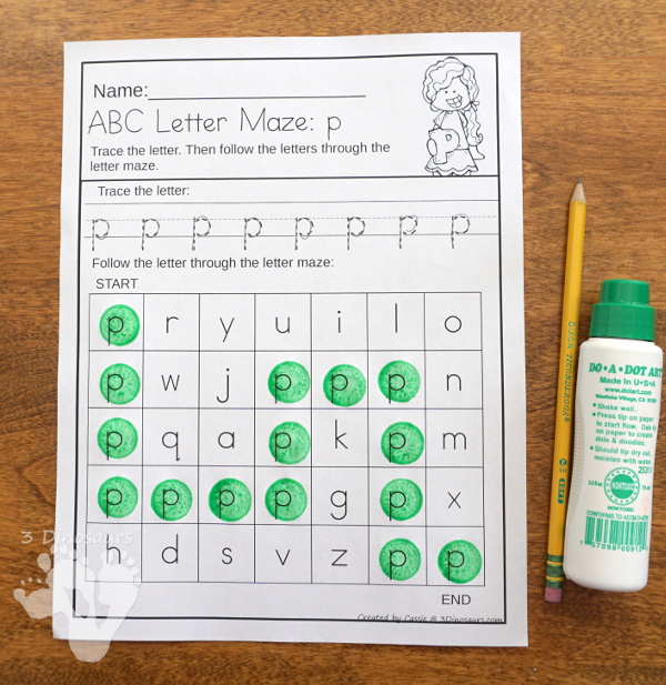 No-Prep ABC Letter Mazes - uppercase and lowercase options with tracing of the letter with a matching letter maze - 3Dinosaurs.com