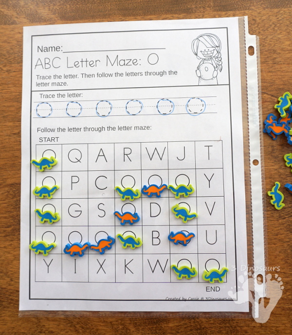 No-Prep ABC Letter Mazes - uppercase and lowercase options with tracing of the letter with a matching letter maze - 3Dinosaurs.com