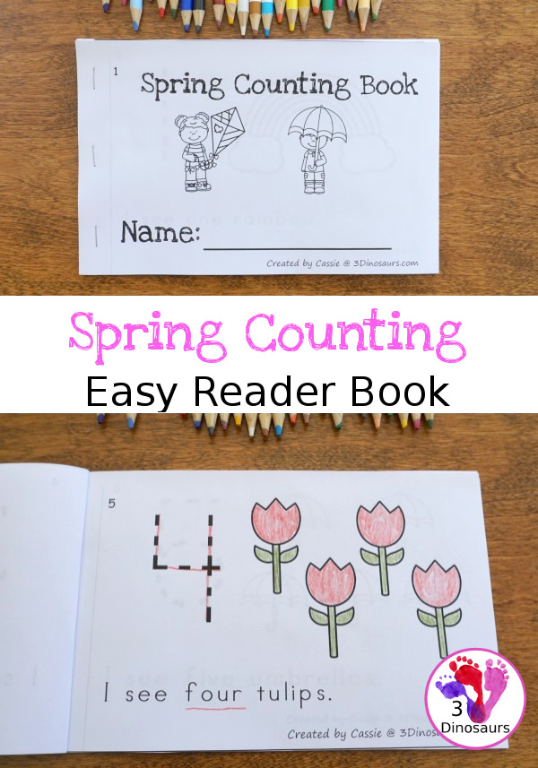 Free Spring Counting Easy Reader Book - numbers 1 to 10 with tracing of the number in the book with things you seen in spring  - 3Dinosaurs.com