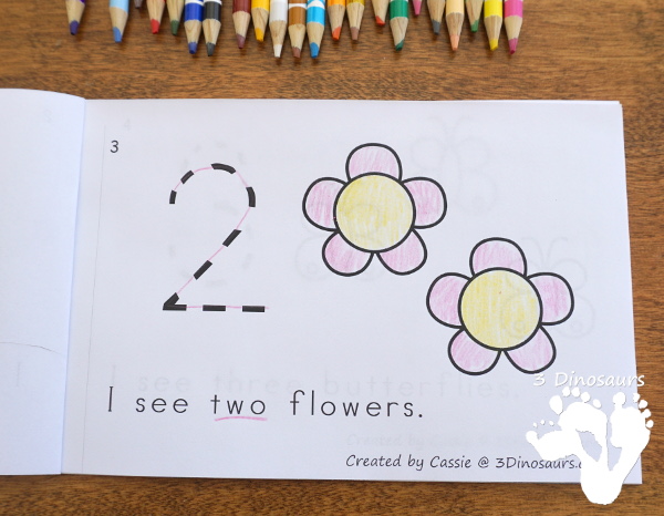 Free Spring Counting Easy Reader Book - numbers 1 to 10 with tracing of the number in the book with things you seen in spring  - 3Dinosaurs.com