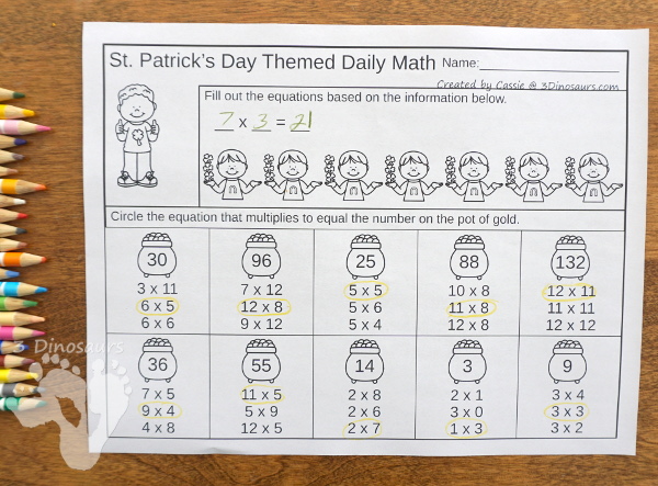 No-Prep St Patrick's Day No-Prep Math: Addition & Subtraction or Multiplication & Division - 30 pages in each set with review sheets at the end all in a St. Patrick's Day theme with no cutting or prep work needed - 3Dinosaurs.com