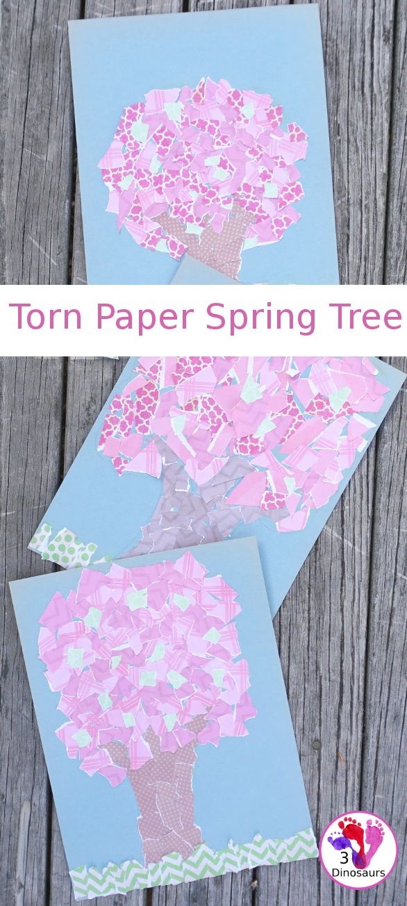 Torn Scrapbook Paper Spring Tree - fun and easy craft for different ages to work on together with work on fine motor skills to make a fun spring craft  - 3Dinosaurs.com