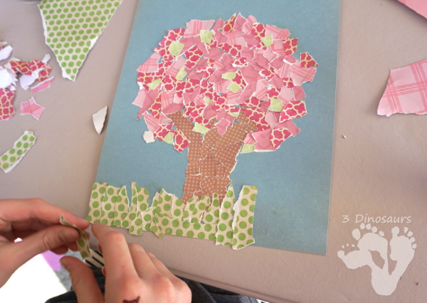 Torn Scrapbook Paper Spring Tree - fun and easy craft for different ages to work on together with work on fine motor skills to make a fun spring craft  - 3Dinosaurs.com